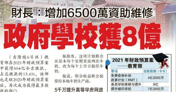 财长：增加6500万资助维修 政府学校获8亿