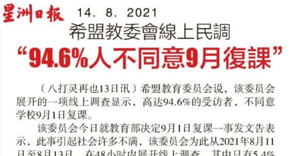 希盟教委会网上民调 94.6%人不同意9月复课