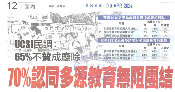 UCSI民调：65%不赞成废除  70%认同多源教育无阻团结