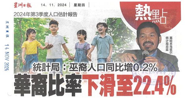 统计局：巫裔人口同比增0.2% 华裔比率下滑至22.4%