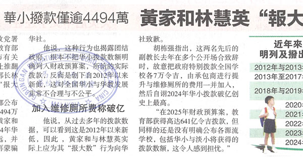 胡栋强：华小拨款仅逾4494万，黄家和林慧英“报大数”
